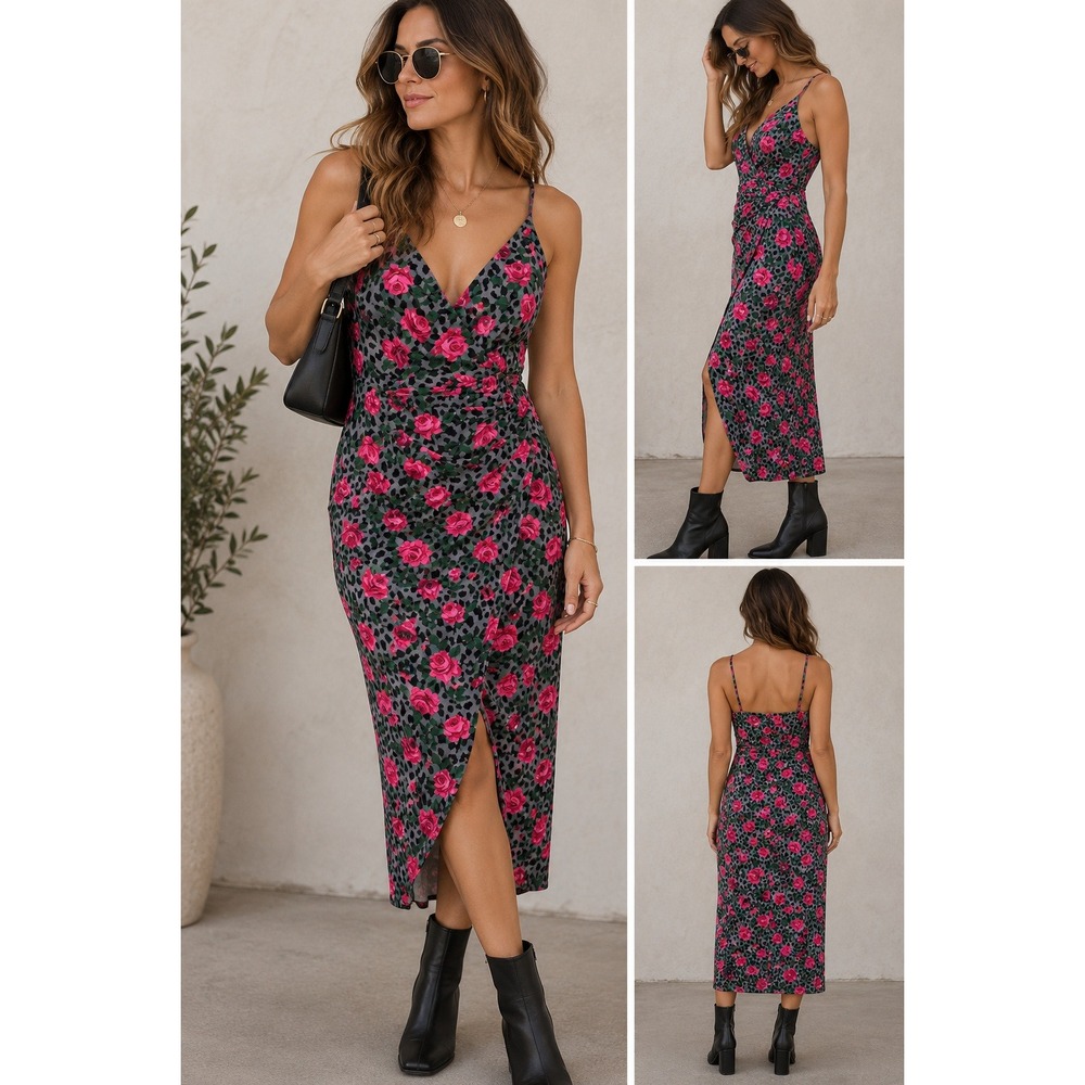 Betsey Johnson Sheath Dress Women 2 Grey Pink Leopard Rose Floral Midi Vintage